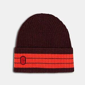 Coach 100% Merino Wool Beanie Toque Winter Fall Hat Ribbed Knit Striped Pattern